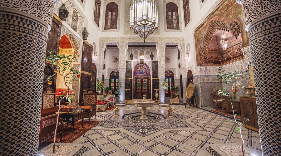 A courtyard open to the sky inside a riad in the medina of Fez.